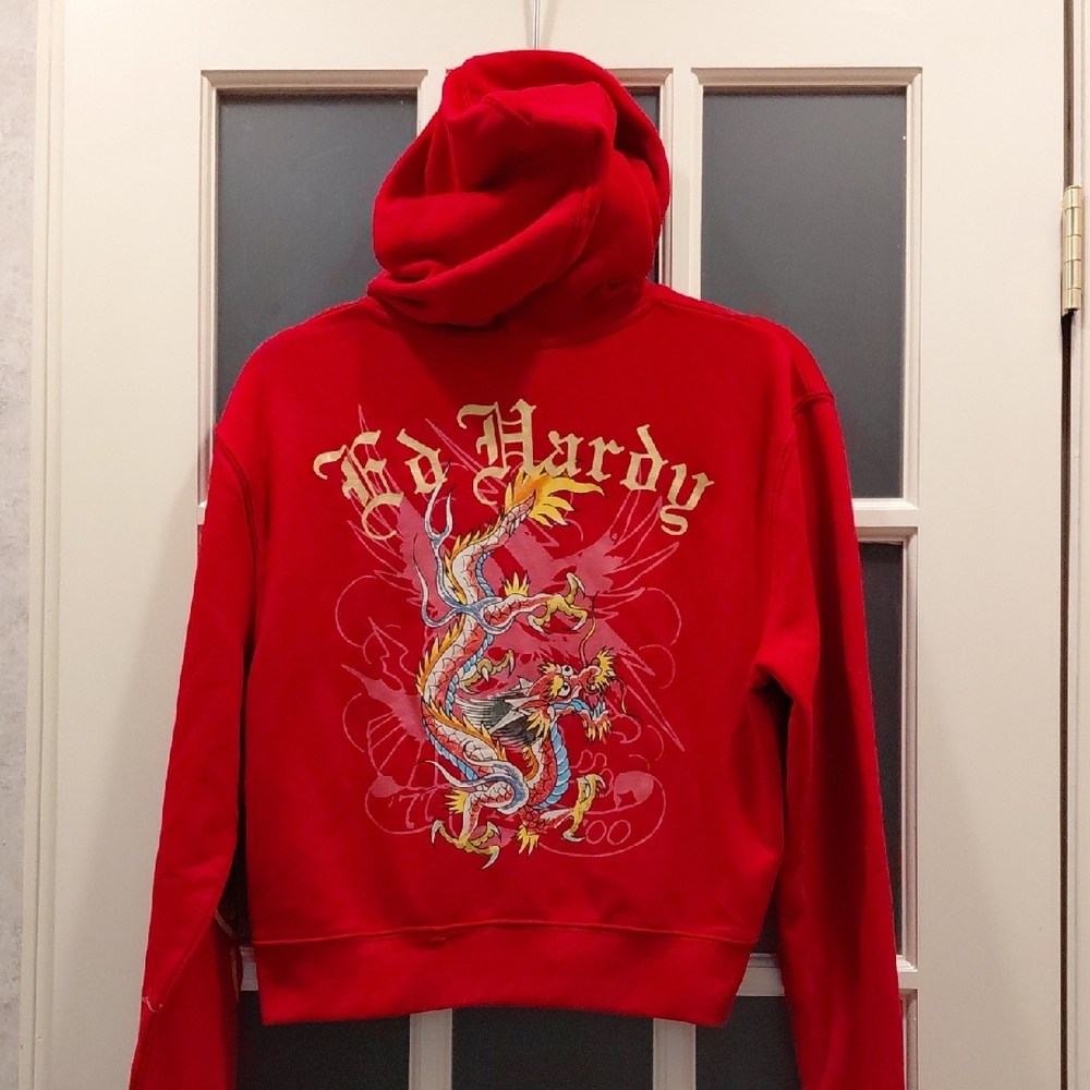 "Ed Hardy" Sz. M, Flawless, Vibrant Red Women's Sweater with Dragon Motif
